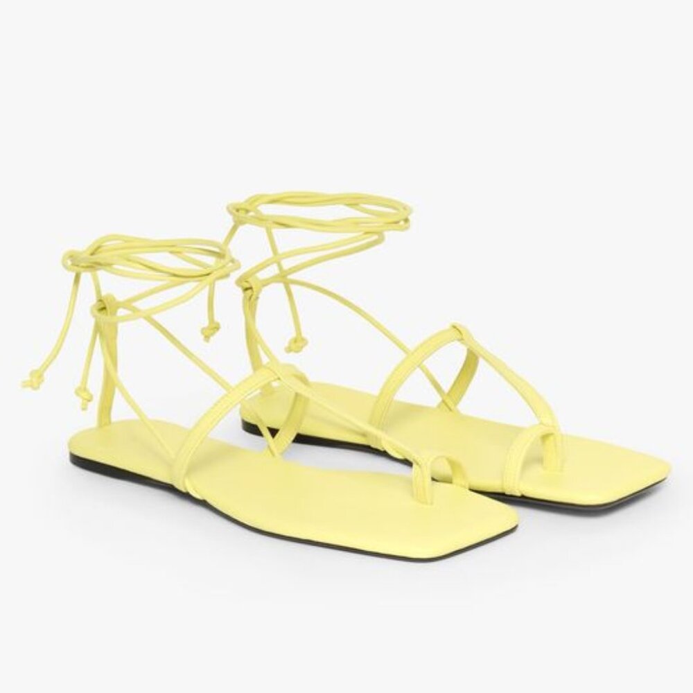 Zara Yellow leather minimal lace up flat sandal with toe ring